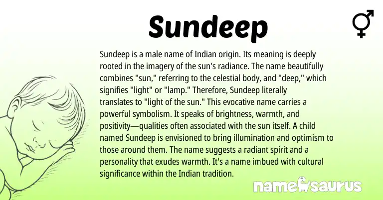 Infographic about Sundeep name meaning, Sundeep is a name from Indian origin(s).