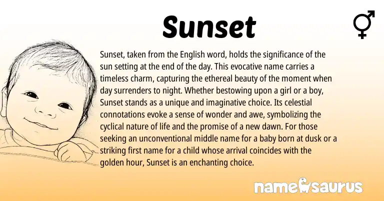 Infographic about Sunset name meaning, Sunset is a name from English origin(s).