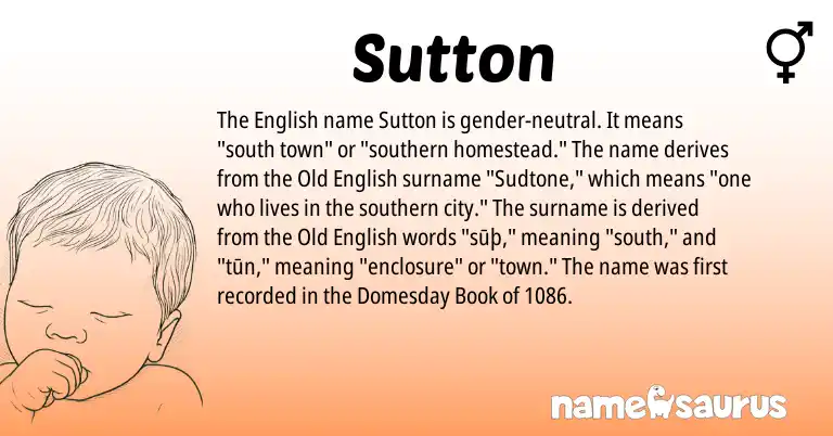 Infographic about Sutton name meaning, Sutton is a name from Old English, English origin(s).