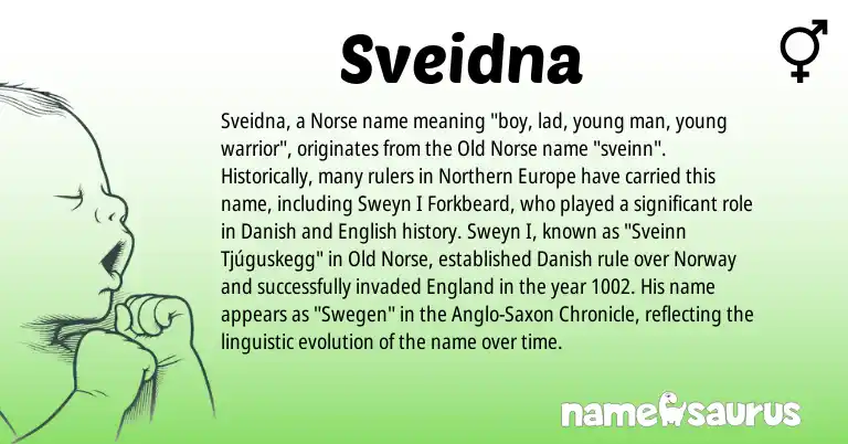 Infographic about Sveidna name meaning, Sveidna is a name from Old Norse, Danish, Anglo-Saxon, English, England, Norway, Norse origin(s).