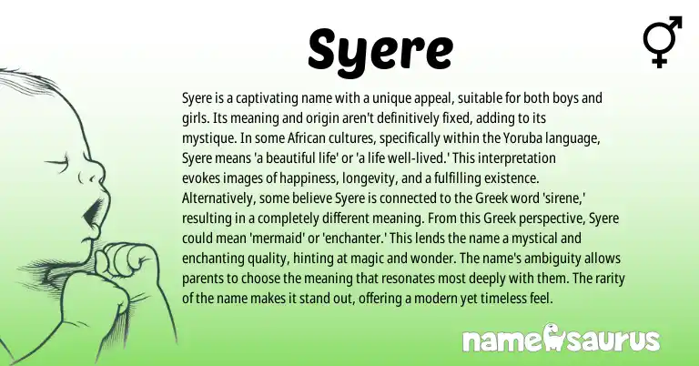 Infographic about Syere name meaning, Syere is a name from Greek, Yoruba, African origin(s).