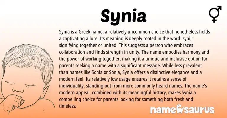 Infographic about Synia name meaning, Synia is a name from Greek origin(s).