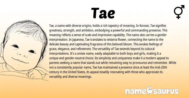 Infographic about Tae name meaning, Tae is a name from Korean, Japanese origin(s).