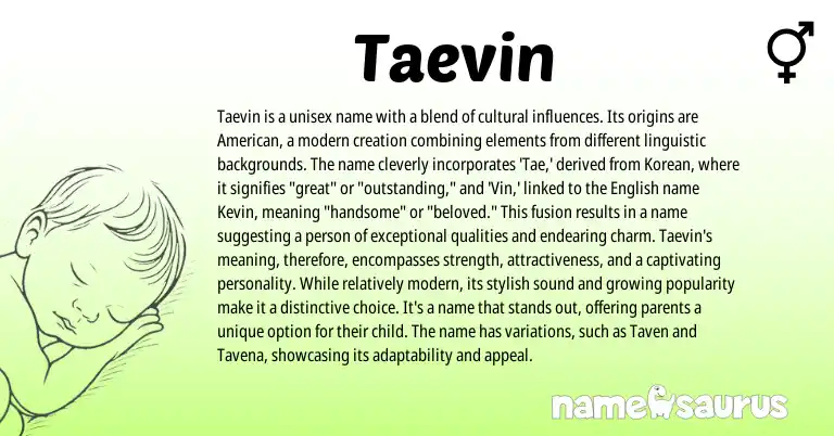 Infographic about Taevin name meaning, Taevin is a name from Korean, American, English origin(s).