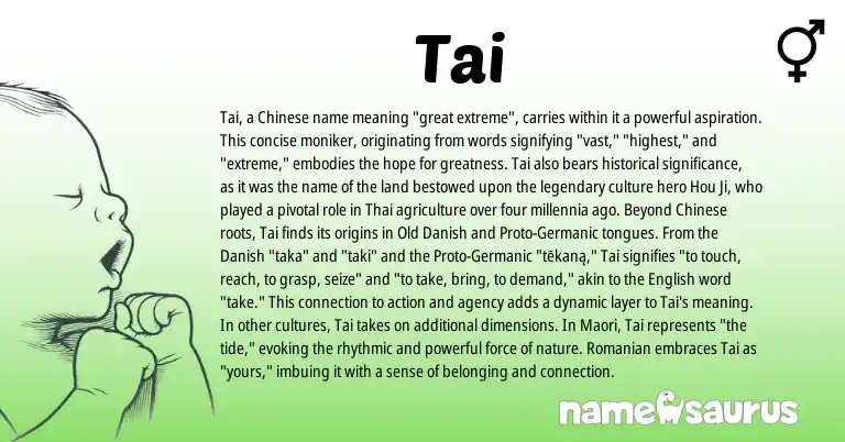Infographic about Tai name meaning, Tai is a name from Chinese, Danish, English, Maori, Germanic, Romanian, Thai, Old Danish origin(s).