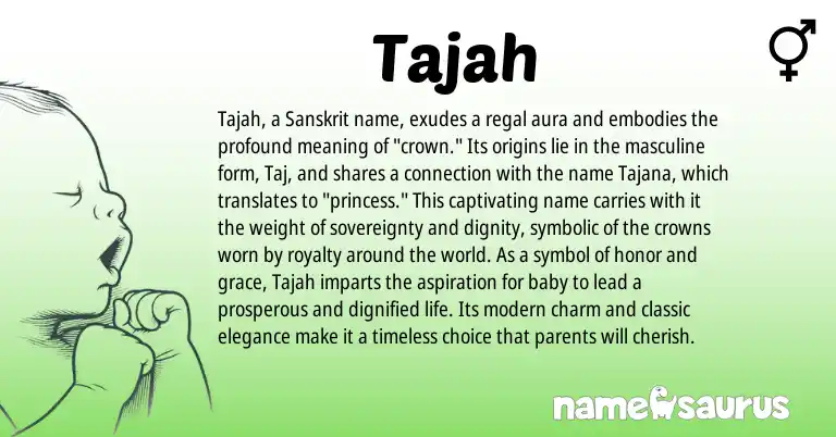 Infographic about Tajah name meaning, Tajah is a name from Sanskrit origin(s).