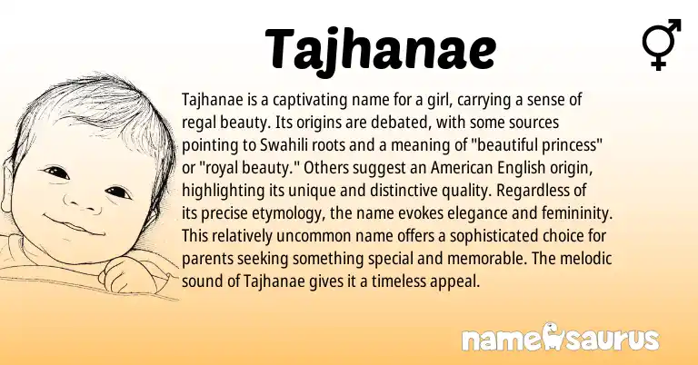 Infographic about Tajhanae name meaning, Tajhanae is a name from African, Swahili origin(s).