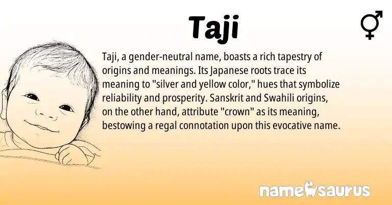 Infographic about Taji name meaning, Taji is a name from Sanskrit, Swahili, Japanese origin(s).