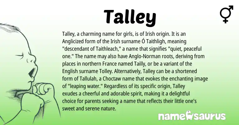 Infographic about Talley name meaning, Talley is a name from Irish, English, Choctaw, Anglo-Norman origin(s).