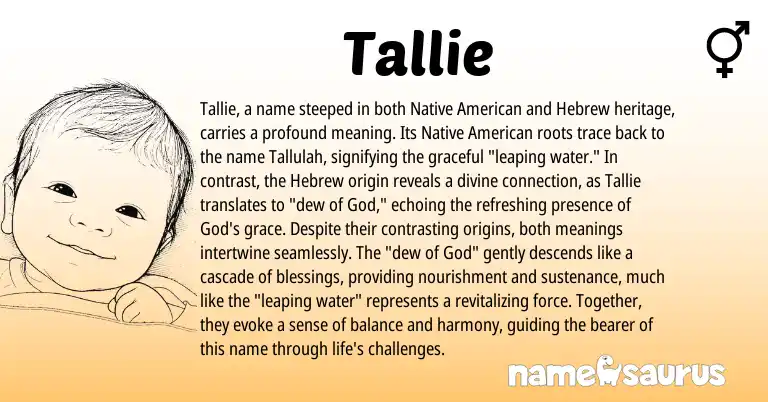 Infographic about Tallie name meaning, Tallie is a name from Native American, Hebrew origin(s).