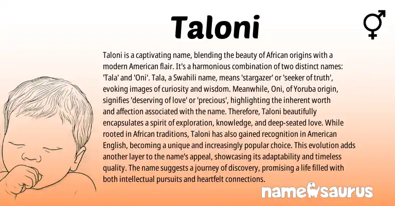 Infographic about Taloni name meaning, Taloni is a name from Yoruba, African, Swahili origin(s).