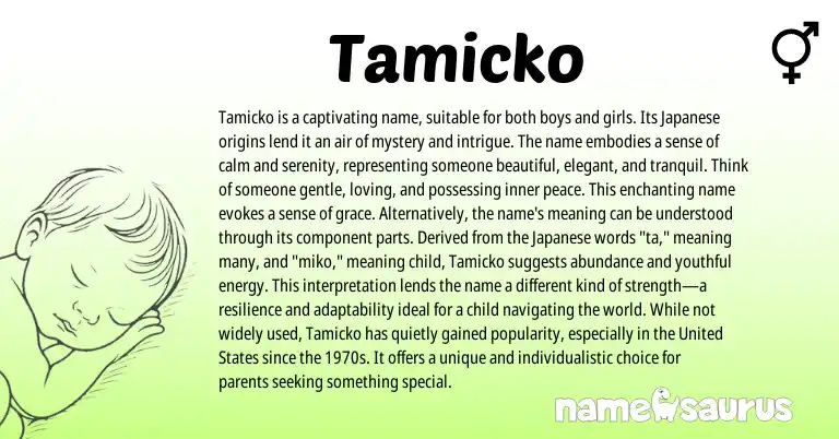 Infographic about Tamicko name meaning, Tamicko is a name from Japanese origin(s).