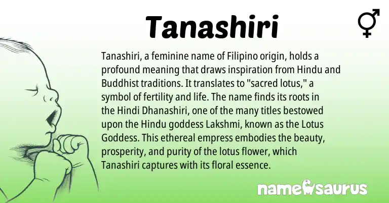 Infographic about Tanashiri name meaning, Tanashiri is a name from Filipino, Hindi, Hindu origin(s).