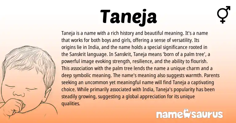 Infographic about Taneja name meaning, Taneja is a name from Sanskrit, Hindi origin(s).