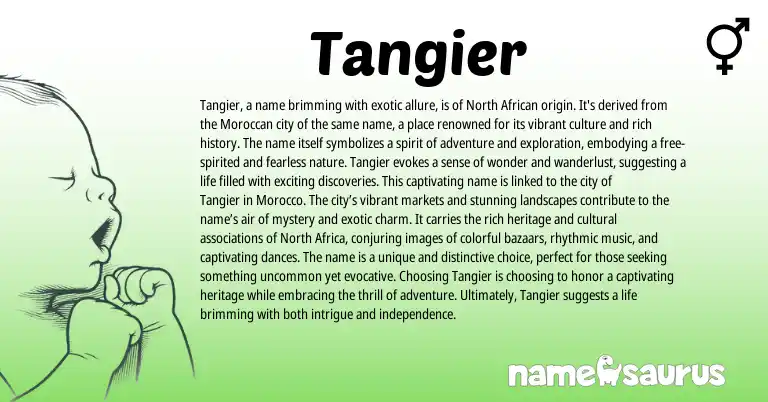 Infographic about Tangier name meaning, Tangier is a name from African, English origin(s).
