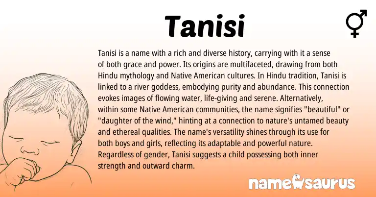 Infographic about Tanisi name meaning, Tanisi is a name from Indian, Hindu, Hindi, American origin(s).