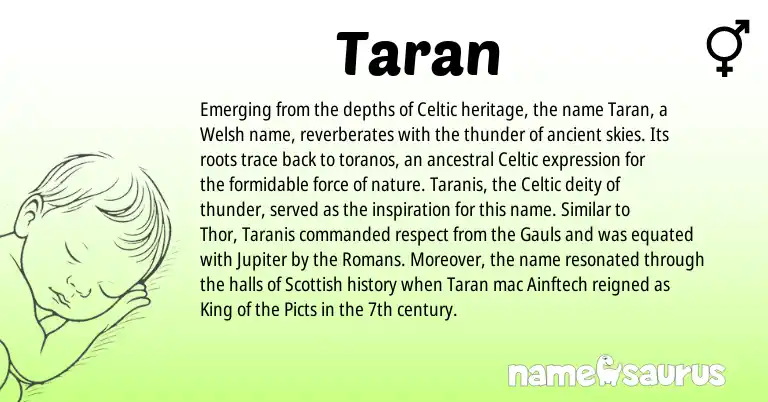 Infographic about Taran name meaning, Taran is a name from Gauls, Welsh, Celtic, Scottish origin(s).