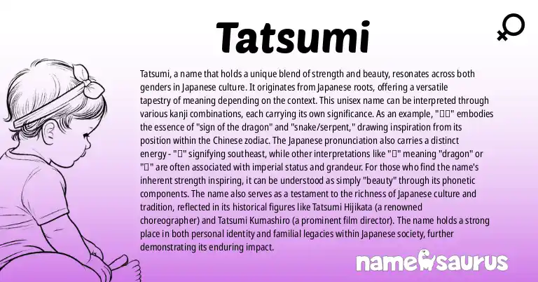Infographic about Tatsumi name meaning, Tatsumi is a name from Japanese origin(s).