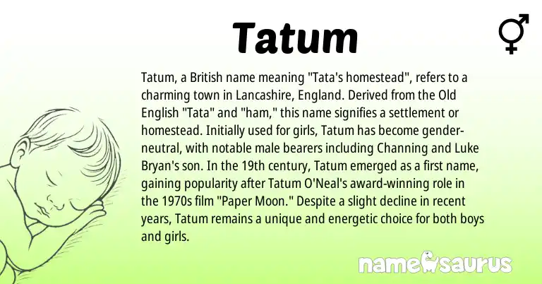Infographic about Tatum name meaning, Tatum is a name from Old English, British, England origin(s).