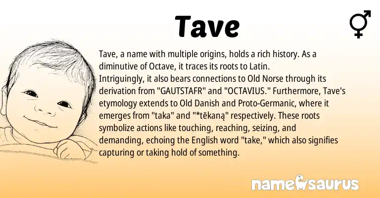 Infographic about Tave name meaning, Tave is a name from Old Norse, English, Germanic, Latin, Old Danish origin(s).