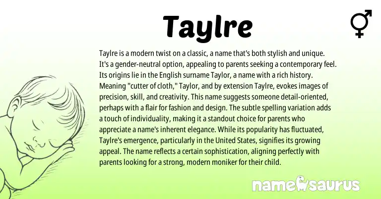 Infographic about Taylre name meaning, Taylre is a name from English origin(s).