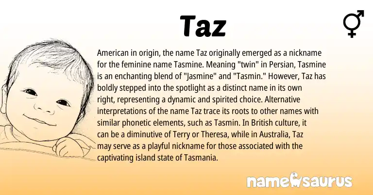 Infographic about Taz name meaning, Taz is a name from British, Persian, American origin(s).