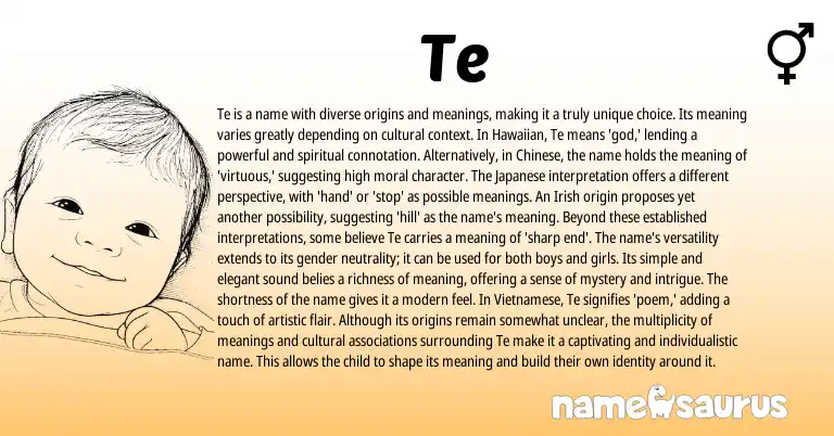 Infographic about Te name meaning, Te is a name from Polynesian, Hawaiian, Japanese, Irish, Chinese, American origin(s).