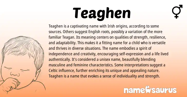 Infographic about Teaghen name meaning, Teaghen is a name from Irish origin(s).