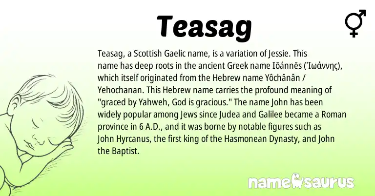 Infographic about Teasag name meaning, Teasag is a name from Gaelic, Roman, Greek, Scottish, Hebrew origin(s).