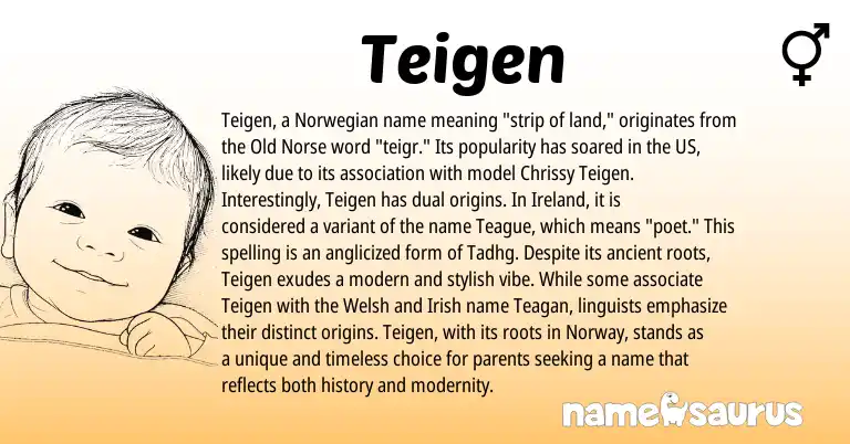 Infographic about Teigen name meaning, Teigen is a name from Irish, Old Norse, Ireland, Welsh, Norwegian, Norway origin(s).