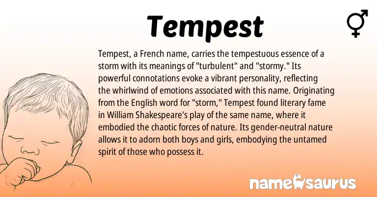 Infographic about Tempest name meaning, Tempest is a name from English, French origin(s).