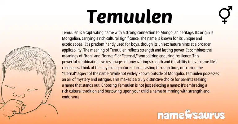 Infographic about Temuulen name meaning, Temuulen is a name from Mongolian origin(s).