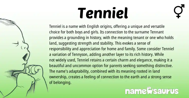 Infographic about Tenniel name meaning, Tenniel is a name from English origin(s).