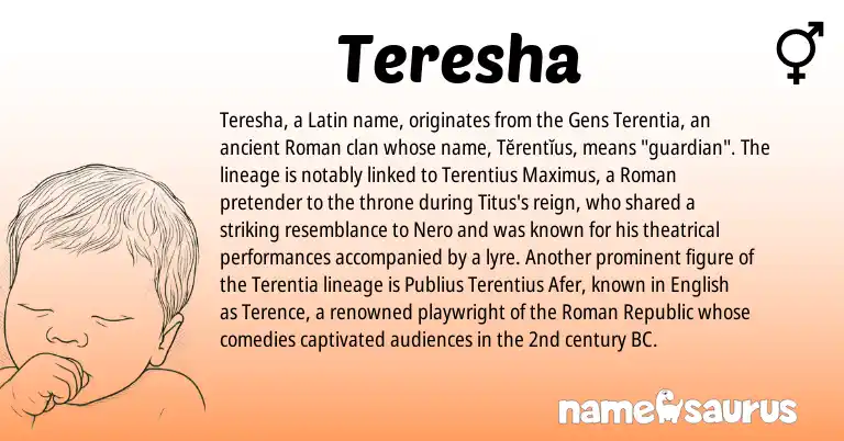Infographic about Teresha name meaning, Teresha is a name from Roman, English, Latin origin(s).