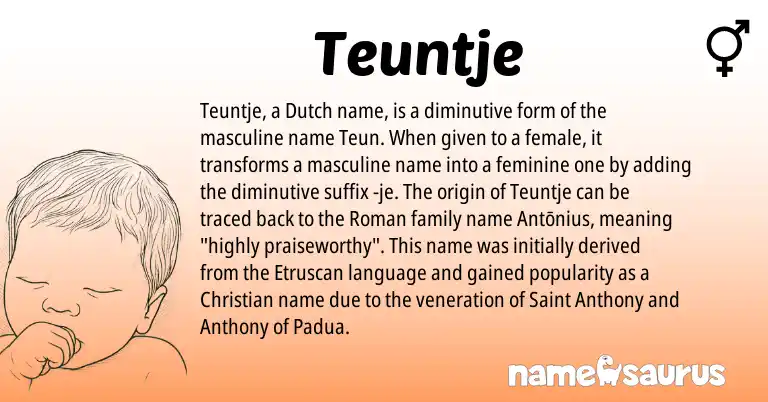 Infographic about Teuntje name meaning, Teuntje is a name from Etruscan, Dutch, Roman origin(s).