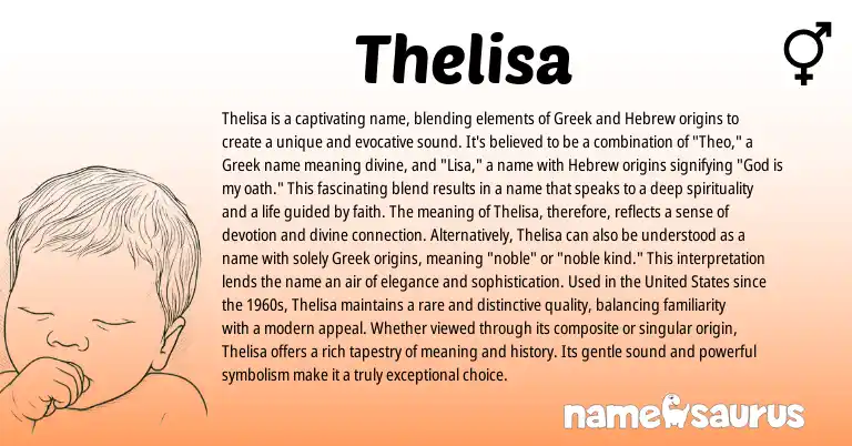 Infographic about Thelisa name meaning, Thelisa is a name from Greek, Hebrew origin(s).