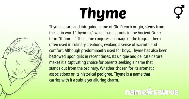 Infographic about Thyme name meaning, Thyme is a name from Ancient Greek, Latin, Old French origin(s).