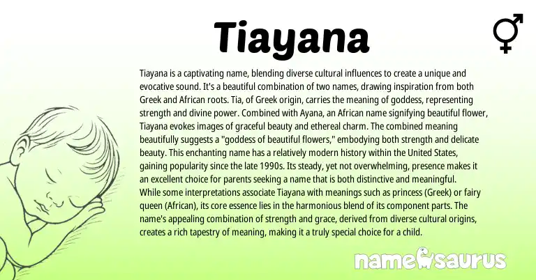 Infographic about Tiayana name meaning, Tiayana is a name from Greek, African origin(s).