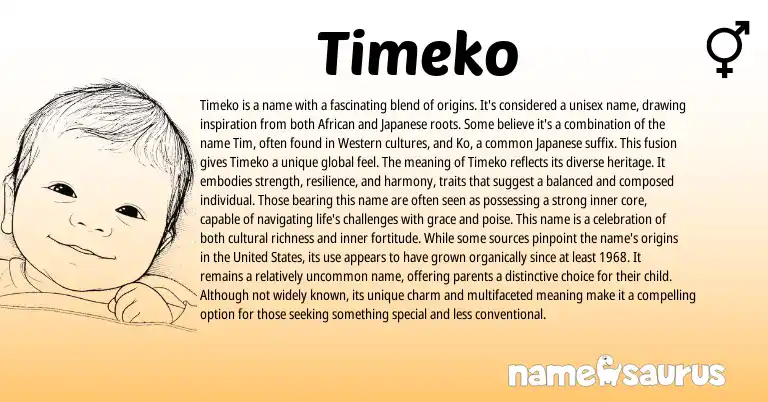 Infographic about Timeko name meaning, Timeko is a name from African, Japanese origin(s).