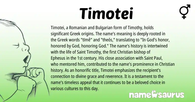Infographic about Timotei name meaning, Timotei is a name from Romanian, Greek, Bulgarian origin(s).