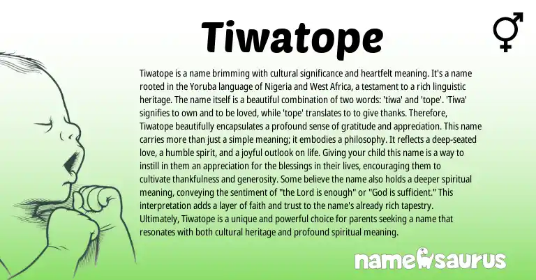 Infographic about Tiwatope name meaning, Tiwatope is a name from Yoruba, African, Western origin(s).