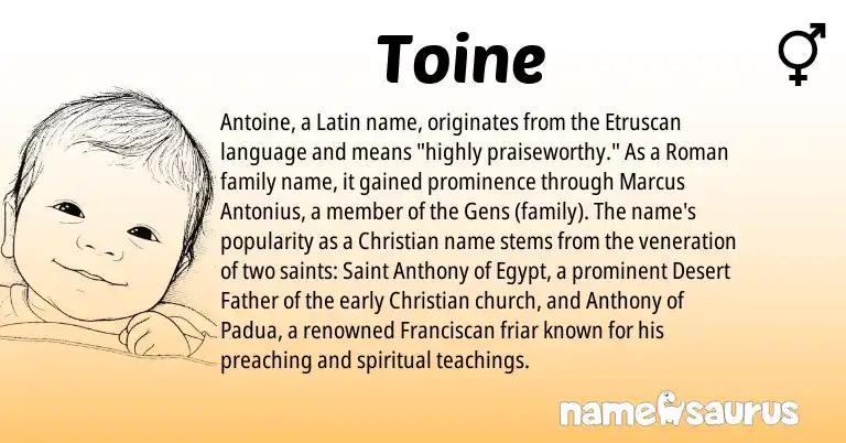 Infographic about Toine name meaning, Toine is a name from Etruscan, Roman, Latin origin(s).