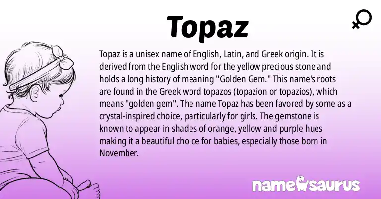 Infographic about Topaz name meaning, Topaz is a name from English, Latin, Greek origin(s).