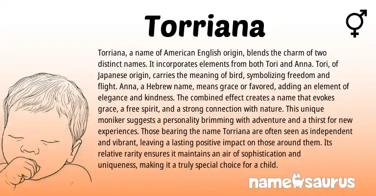 Infographic about Torriana name meaning, Torriana is a name from Hebrew, Italian, Japanese origin(s).