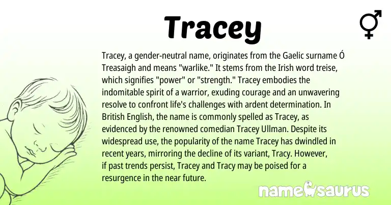 Infographic about Tracey name meaning, Tracey is a name from Irish, English, Gaelic, British origin(s).