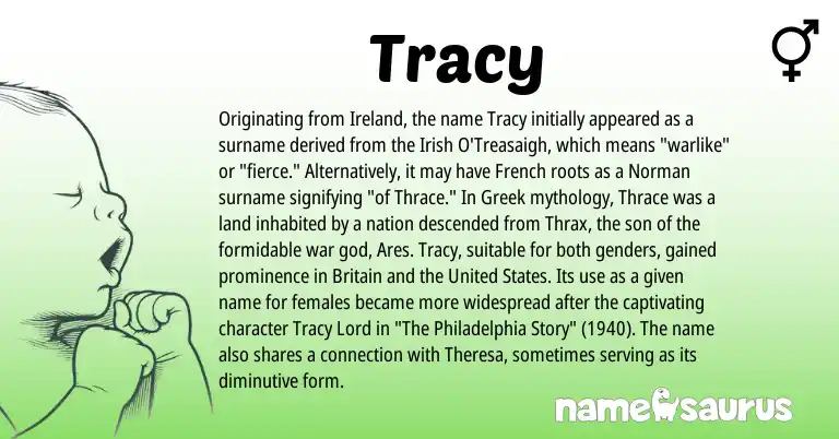 Infographic about Tracy name meaning, Tracy is a name from Irish, United States, Ireland, French, Greek, Norman origin(s).
