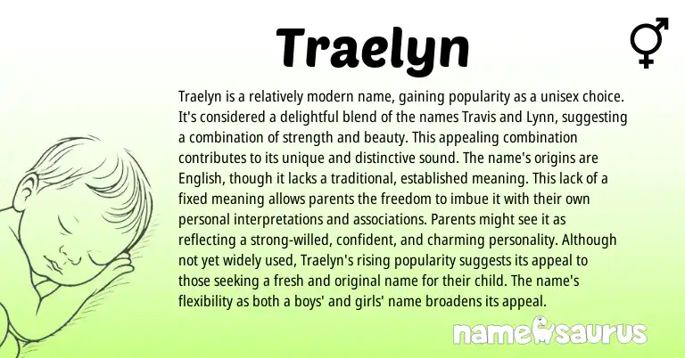 Infographic about Traelyn name meaning, Traelyn is a name from English origin(s).