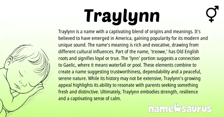 Infographic about Traylynn name meaning, Traylynn is a name from Gaelic, English origin(s).