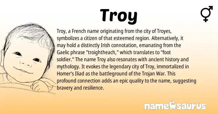 Infographic about Troy name meaning, Troy is a name from Irish, Gaelic, French origin(s).