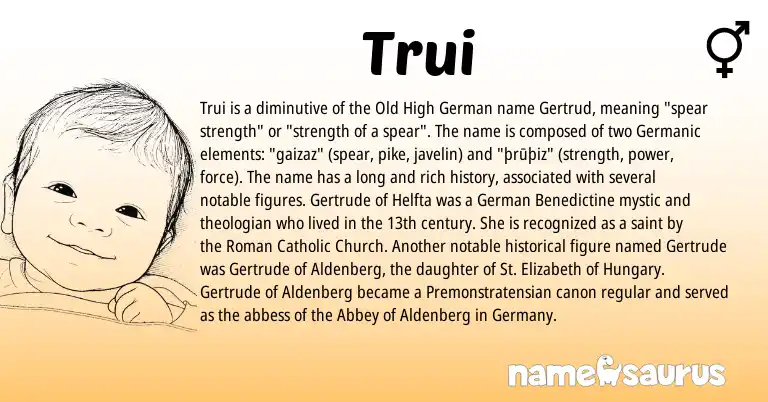 Infographic about Trui name meaning, Trui is a name from Old High German, German, Roman, Germanic origin(s).